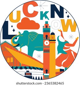 Typography word Lucknow branding technology concept. Collection of flat vector web icons. Asian culture travel set, architectures, specialties detailed silhouette. Doodle Indians famous landmarks.