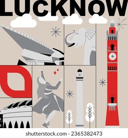 Typography word Lucknow branding technology concept. Collection of flat vector web icons. Asian culture travel set, architectures, specialties detailed silhouette. Doodle Indians famous landmarks.
