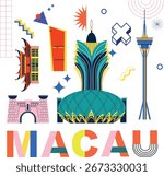 Typography word Macau branding technology concept. Collection of flat vector web icons. Culture travel set, Memphis architectures, specialties silhouette. Chiness famous landmark, split video screen