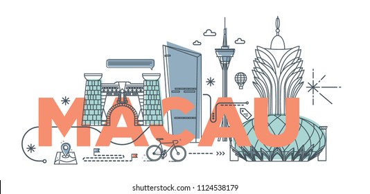 Typography word "Macau" branding technology concept. Collection of flat vector web icons. Macao culture travel set, famous architectures and specialties detailed silhouette. Asian famous landmark.