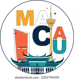 Typography word Macau branding technology concept. Collection of flat vector web icons. Culture travel set, famous architectures, specialties silhouette. Chiness famous landmark, split video screen