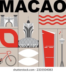 Typography word Macau branding technology concept. Collection of flat vector web icons. Culture travel set, famous architectures, specialties silhouette. Chiness famous landmark, split video screen