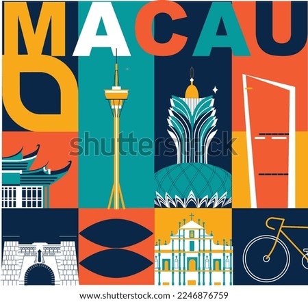 Typography word Macau branding technology concept. Collection of flat vector web icons. Culture travel set, famous architectures, specialties silhouette. Chiness famous landmark, split video screen