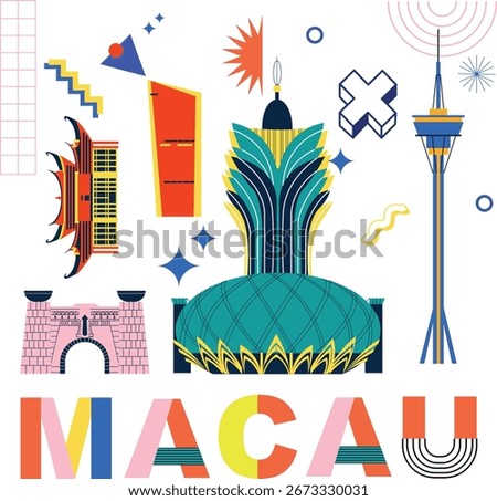 Typography word Macau branding technology concept. Collection of flat vector web icons. Culture travel set, Memphis architectures, specialties silhouette. Chiness famous landmark, split video screen