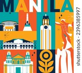 Typography word Manila branding technology concept. Collection of flat vector web icons. Asian culture travel set, architectures, specialties detailed silhouette. Doodle Philippines famous landmarks.