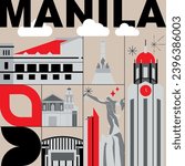 Typography word Manila branding technology concept. Collection of flat vector web icons. Asian culture travel set, architectures, specialties detailed silhouette. Doodle Philippines famous landmarks.