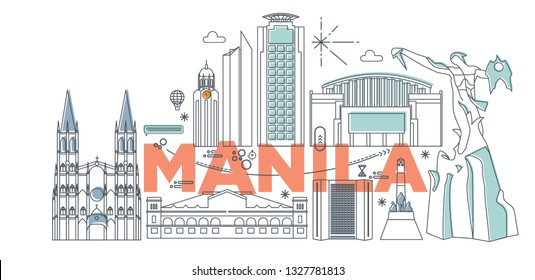 Typography Word Manila Branding Technology Concept. Collection Of Flat Vector Web Icons. Asian Culture Travel Set, Architectures, Specialties Detailed Silhouette. Doodle Philippines Famous Landmarks.