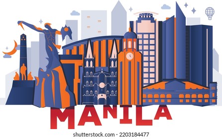 Typography Word Manila Branding Technology Concept. Collection Of Flat Vector Web Icons. Asian Culture Travel Set, Architectures, Specialties Detailed Silhouette. Doodle Philippines Famous Landmarks.