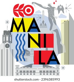 Typography word Manila branding technology concept. Collection of flat vector web icons. Asian culture travel set, architectures, specialties detailed silhouette. Doodle Philippines famous landmarks.