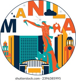 Typography word Manila branding technology concept. Collection of flat vector web icons. Asian culture travel set, architectures, specialties detailed silhouette. Doodle Philippines famous landmarks.