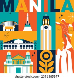 Typography word Manila branding technology concept. Collection of flat vector web icons. Asian culture travel set, architectures, specialties detailed silhouette. Doodle Philippines famous landmarks.