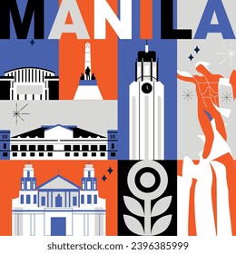 Typography word Manila branding technology concept. Collection of flat vector web icons. Asian culture travel set, architectures, specialties detailed silhouette. Doodle Philippines famous landmarks.