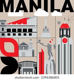 Typography word Manila branding technology concept. Collection of flat vector web icons. Asian culture travel set, architectures, specialties detailed silhouette. Doodle Philippines famous landmarks.