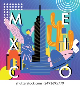 Typography word Mexico branding technology concept. Collection of flat vector web memphis and Bauhaus elements. Mexican culture travel set, famous architecture, landmark. Abstract geometric poster