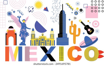 Tipografía palabra "Ciudad de México" concepto de tecnología de marca. Colección de iconos web de Vector plano, conjunto de viajes de cultura, arquitecturas famosas y especialidades de silueta detallada. Lugar famoso de renombre mexicano.