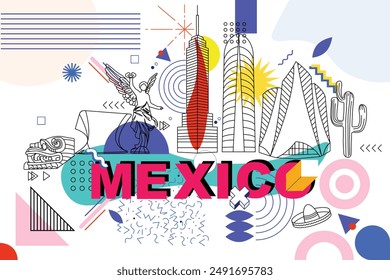 Tipografía palabra "Ciudad de México" concepto de tecnología de marca. Colección de iconos web de Vector plano, conjunto de viajes de cultura, arquitecturas famosas y especialidades de silueta detallada. Lugar famoso de renombre mexicano.