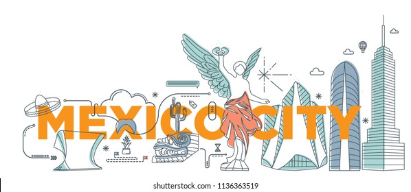 Typography word "Mexico City" branding technology concept. Collection of flat vector web icons, culture travel set, famous architectures and specialties detailed silhouette. Mexican famous landmark.