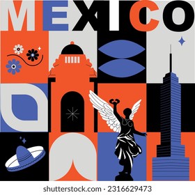 La palabra tipográfica "Ciudad de México" marca el concepto de tecnología. Colección de iconos de la web de vectores planos, conjunto de viajes de cultura, famosas arquitecturas y especialidades detalladas silueta. Lugar emblemático de México.