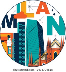 Typography word "Milan" branding technology concept. Collection of flat vector web icons. Italy culture travel set, famous architectures, specialties detailed silhouette. Italian famous landmark