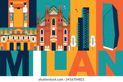 Typography word "Milan" branding technology concept. Collection of flat vector web icons. Italy culture travel set, famous architectures, specialties detailed silhouette. Italian famous landmark