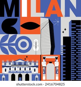 Typography word "Milan" branding technology concept. Collection of flat vector web icons. Italy culture travel set, famous architectures, specialties detailed silhouette. Italian famous landmark