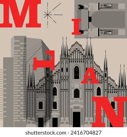 Typography word "Milan" branding technology concept. Collection of flat vector web icons. Italy culture travel set, famous architectures, specialties detailed silhouette. Italian famous landmark
