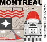 Typography word "Montreal" branding technology concept. Collection of flat vector web icons, culture travel set, famous architectures, specialties detailed silhouette. Canadian famous landmark.