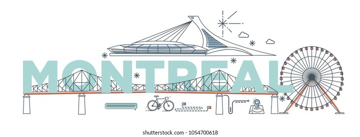 Typography word "Montreal" branding technology concept. Collection of flat vector web icons, culture travel set, famous architectures, specialties detailed silhouette. Canadian famous landmark.