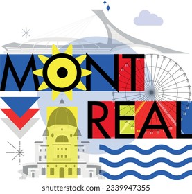 Typography word "Montreal" branding technology concept. Collection of flat vector web icons, culture travel set, famous architectures, specialties detailed silhouette. Canadian famous landmark.