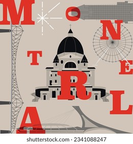 Typography word "Montreal" branding technology concept. Collection of flat vector web icons, culture travel set, famous architectures, specialties detailed silhouette. Canadian famous landmark.