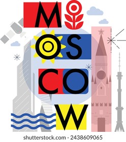 Typography word "Moscow" branding technology concept. Collection of flat vector web icons. Moscow culture travel set, famous architectures and specialties detailed silhouette. Russian famous landmark.