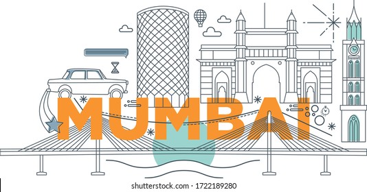 Typography word Mumbai branding technology concept. Collection of flat vector web icons. Indian culture travel set, architectures, specialties detailed silhouette. Doodle famous landmarks.