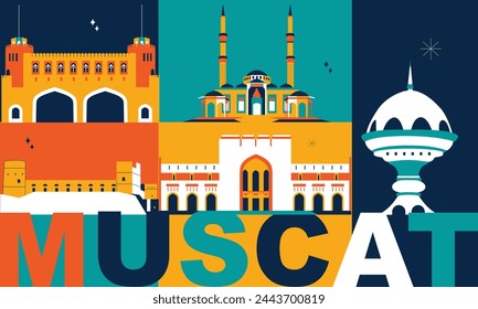 Typography word Muscat branding technology concept. Collection of flat vector web icons. Arabian culture travel set, architectures, specialties detailed silhouette. Doodle famous landmarks.