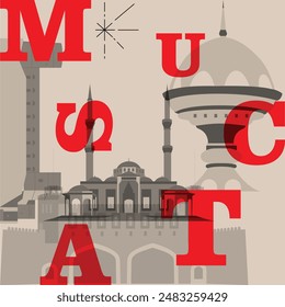 Tipografía palabra Muscat concepto de tecnología de marca. Colección de iconos web de Vector plano. Conjunto de viaje de la cultura árabe, arquitecturas, especialidades, silueta detallada. Doodle Lugares famosos famosos.