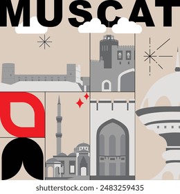 Typography word Muscat branding technology concept. Collection of flat vector web icons. Arabian culture travel set, architectures, specialties detailed silhouette. Doodle famous landmarks.