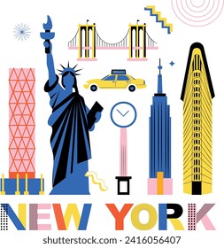 Typography word "New York" branding technology concept. Collection of flat vector web memphis and Bauhaus elements. NY culture travel set, famous architectures. USA landmark. Abstract geometric poster