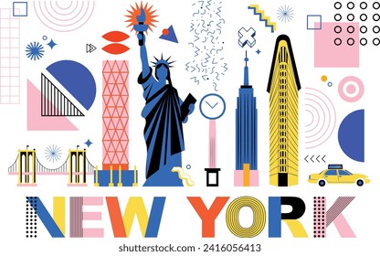 Typography word "New York" branding technology concept. Collection of flat vector web memphis and Bauhaus elements. NY culture travel set, famous architectures. USA landmark. Abstract geometric poster