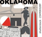 Typography word Oklahoma branding technology concept. Collection of flat vector web icons. American culture travel set, architectures, specialties detailed silhouette. Doodle famous landmarks.