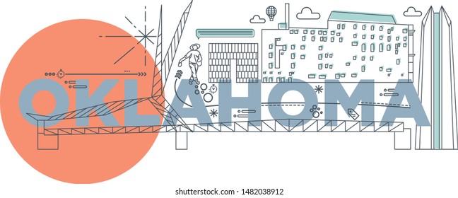 Typography word Oklahoma branding technology concept. Collection of flat vector web icons. American culture travel set, architectures, specialties detailed silhouette. Doodle famous landmarks.