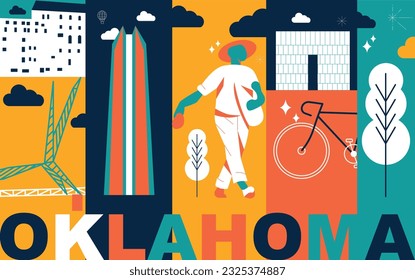 Typography word Oklahoma branding technology concept. Collection of flat vector web icons. American culture travel set, architectures, specialties detailed silhouette. Doodle famous landmarks.