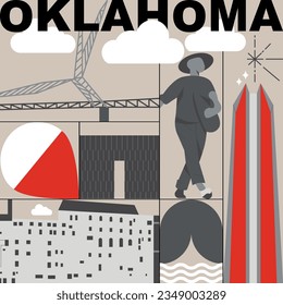 Typography word Oklahoma branding technology concept. Collection of flat vector web icons. American culture travel set, architectures, specialties detailed silhouette. Doodle famous landmarks.