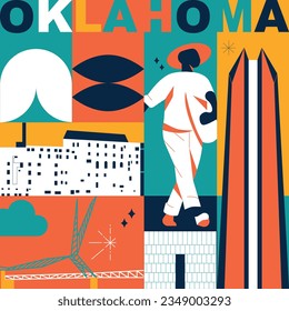 Typography word Oklahoma branding technology concept. Collection of flat vector web icons. American culture travel set, architectures, specialties detailed silhouette. Doodle famous landmarks.