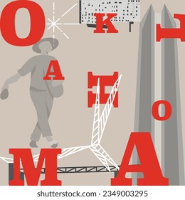 Typography word Oklahoma branding technology concept. Collection of flat vector web icons. American culture travel set, architectures, specialties detailed silhouette. Doodle famous landmarks.