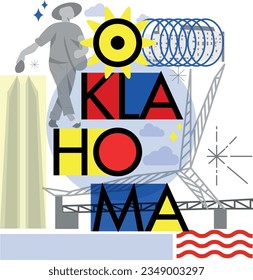 Typography word Oklahoma branding technology concept. Collection of flat vector web icons. American culture travel set, architectures, specialties detailed silhouette. Doodle famous landmarks.