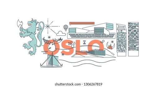 Typography word Oslo branding technology concept. Collection of flat vector web icons. Indian culture travel set, architectures, specialties detailed silhouette. Doodle European famous landmarks.