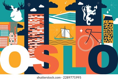 Typography word Oslo branding technology concept. Collection of flat vector web icons. Norwegian culture travel set, architectures, specialties detailed silhouette. Doodle European famous landmarks.