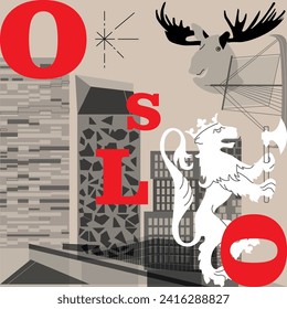 Typography word Oslo branding technology concept. Collection of flat vector web icons. Norwegian culture travel set, architectures, specialties detailed silhouette. Doodle European famous landmarks.