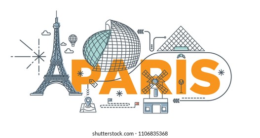 Typography word "Paris" branding technology concept. Collection of flat vector web icons, culture travel set, famous architectures, specialties detailed silhouette. European famous landmark.