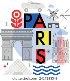 Typography word "Paris" branding technology concept. Collection of flat vector web icons, culture travel set, famous architectures, specialties detailed silhouette. European famous landmark.