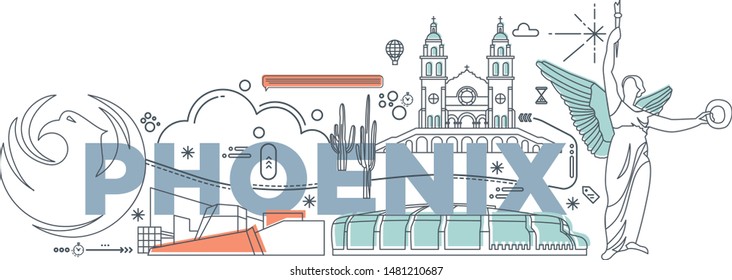 Typography word Phoenix branding technology concept. Collection of flat vector web icons. American culture travel set, architectures, specialties detailed silhouette. Doodle famous landmarks.